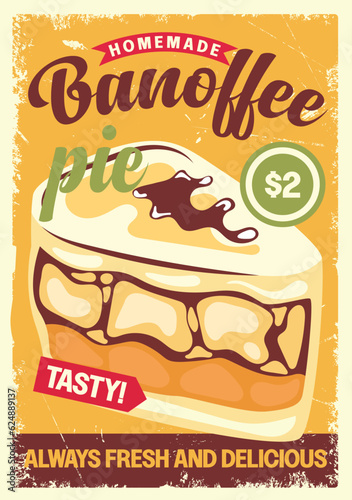 Banoffee pie delicious cake retro promo poster, vintage sign vector template