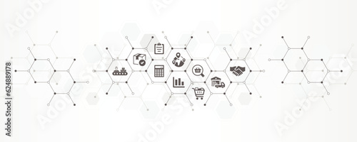 sourcing and procurement banner with the website icons and symbol of distribution, supply management, global purchasing and e-commerce vector illustration with technology background