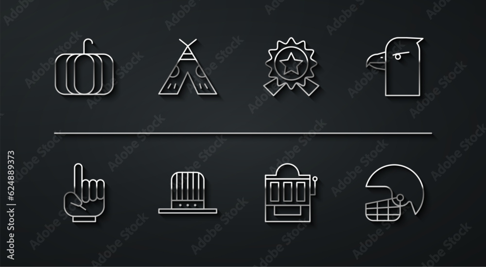 Set line Pumpkin, Number 1 one fan hand glove, Eagle head, Slot machine, Patriotic American top hat, Indian teepee or wigwam, football helmet and Medal with star icon. Vector Set line Pumpkin, Number 1 one fan hand glove, Eagle head, Slot machine, Patriotic American top hat, Indian teepee or wigwam, football helmet and Medal with star icon. Vector