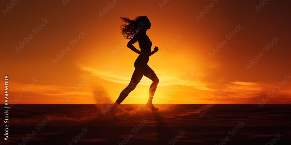 woman running silhouette, sun behind, black silhouette, hopeful atmosphere
