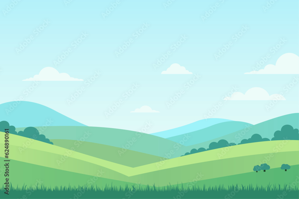 Landscape vector illustration of green fields and meadows. Simple landscape of natural green fields with lush grass. natural landscape