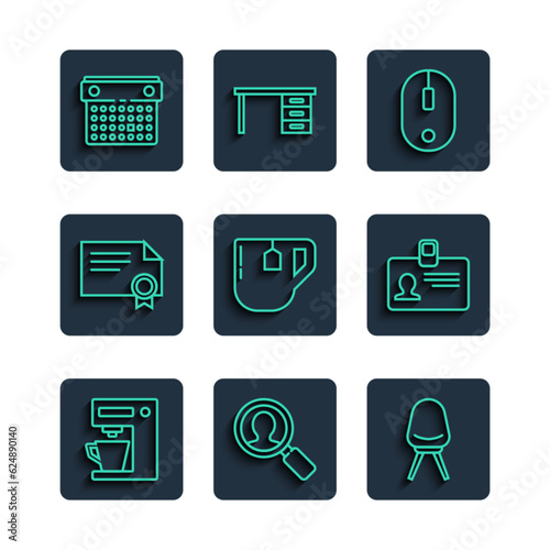 Set line Coffee machine, Magnifying glass for search people, Office chair, Computer mouse, Cup tea with tea bag, Certificate template, Calendar and Identification badge icon. Vector