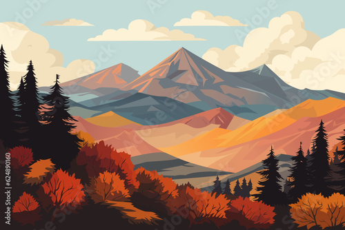 Beautiful autumn landscape. Beautiful landscape of mountains and autumn forest at dawn. The concept of travel, hiking, outdoor activities and adventure. Landscape for flyer, postcard.
