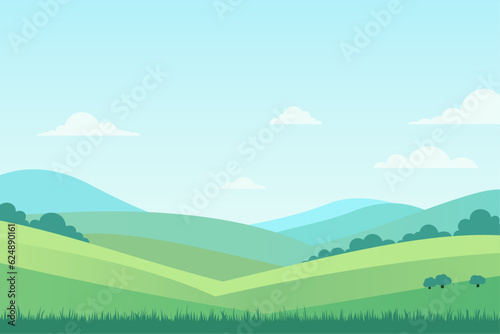 Landscape vector illustration of green fields and meadows. Simple landscape of natural green fields with lush grass. natural landscape