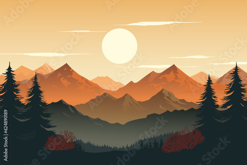 Beautiful mountain landscape. Wonderful landscape of mountains and forests at sunset. The concept of travel, hiking, outdoor activities and adventure. Landscape for flyer, postcard, nature design.