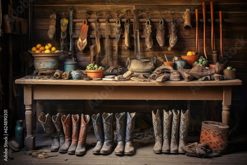 tools used in making cowboy boots arranged neatly, created with generative ai