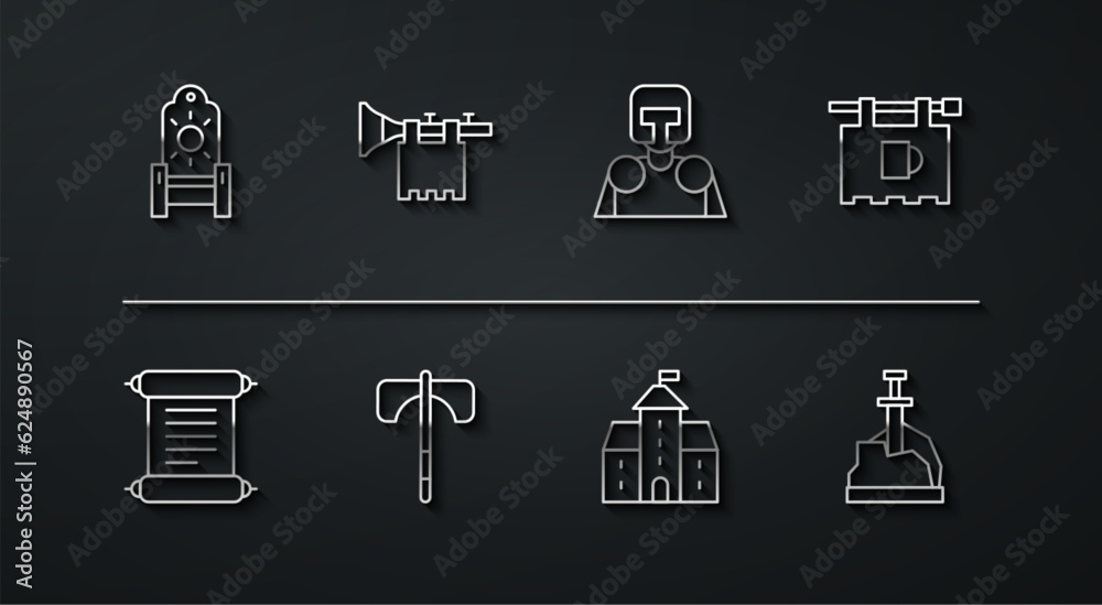 Set line Medieval throne, Decree, parchment, scroll, Street signboard with Bar, Castle, fortress, axe, Trumpet flag, Sword in the stone and knight icon. Vector Set line Medieval throne, Decree, parchment, scroll, Street signboard with Bar, Castle, fortress, axe, Trumpet flag, Sword in the stone and knight icon. Vector
