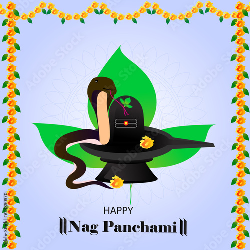 Happy Nag panchami vector illustration. Shivling and naga background, greeting, poster, celebration, vector design. photo