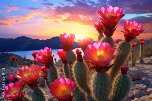 colorful cactus flowers against sunset sky, created with generative ai © Alfazet Chronicles