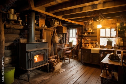 rustic log cabin interior with wood-burning stove, created with generative ai © Alfazet Chronicles