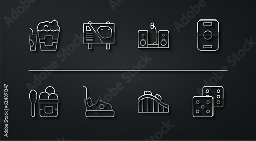 Set line Popcorn in box and glass, Ice cream bowl, Hockey table, Roller coaster, Bumper car, Amusement park billboard, Game dice and Home stereo with two speakers icon. Vector