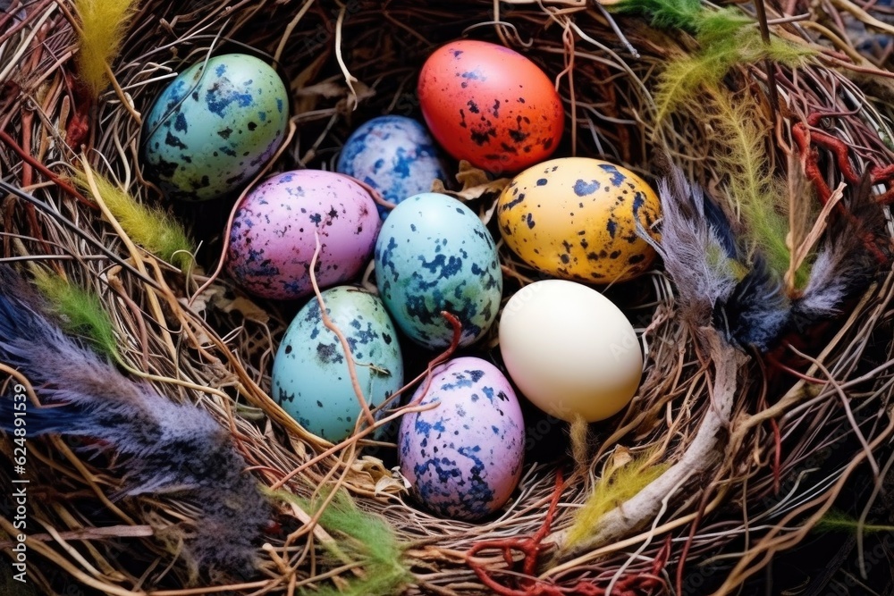 colorful eggs in a well-camouflaged nest, created with generative ai