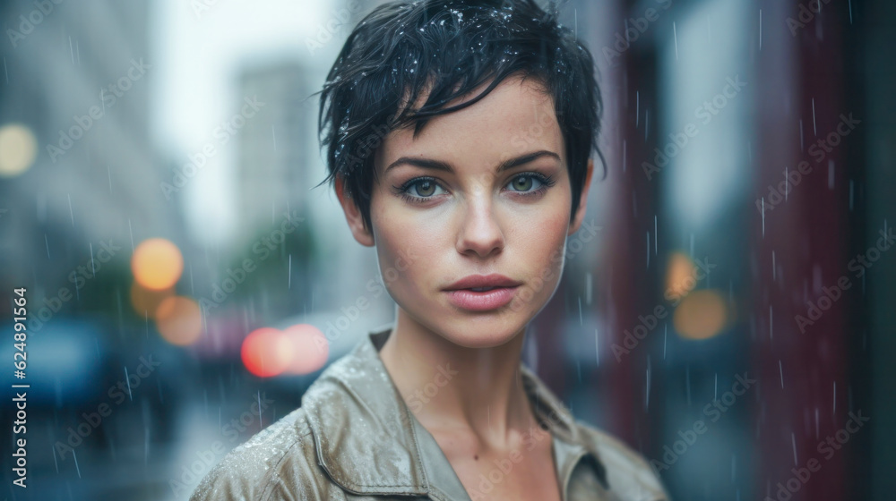 Obraz premium Porträt einer schönen Frau auf der Straße in einer nächtlichen Stadt mit Lichtern, regnerisches Wetter. Generative AI