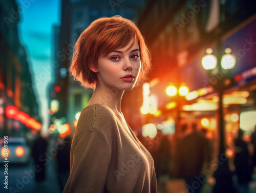 Porträt einer schönen Frau auf der Straße in einer nächtlichen Stadt mit Lichtern. Generative AI
