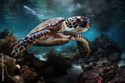Close up of an adult turtle swimming underwater. Underwater world, portrait of an aquatic turtle in the depths of the blue ocean. Wallpaper tropical animal world.