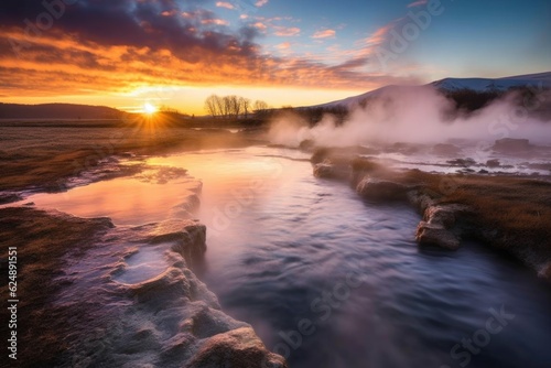 steam rising from a geothermal river at sunrise, created with generative ai
