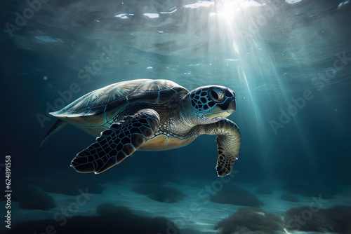 Close up of an adult turtle swimming underwater. Underwater world, portrait of an aquatic turtle in the depths of the blue ocean. Wallpaper tropical animal world. © SnowElf