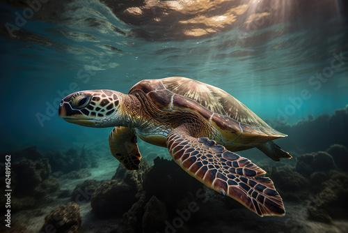 Closeup of an adult turtle swimming underwater. Underwater world  portrait of an aquatic turtle in the depths of the blue ocean. Wallpaper tropical animal world.