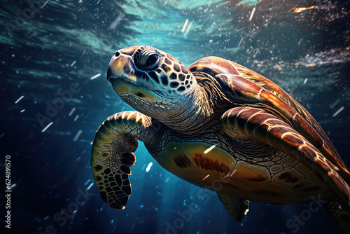 Closeup of an adult turtle swimming underwater. Underwater world, portrait of an aquatic turtle in the depths of the blue ocean. Wallpaper tropical animal world. © SnowElf