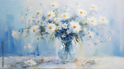Photographie Abstract bouquet of daisies in a vase oil painting in shades of blue