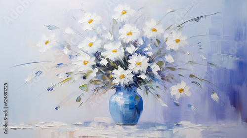 Photographie Abstract bouquet of daisies in a vase oil painting in shades of blue