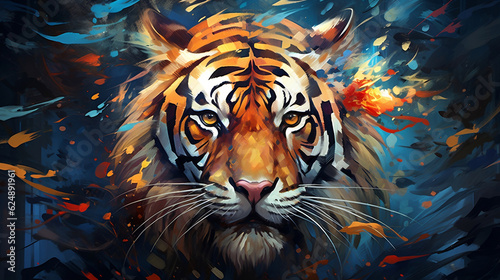 Abstract fantasy Bengal tiger in blue  orange  and gold. Big jungle cat. Feline portrait carnivore  Generative Ai