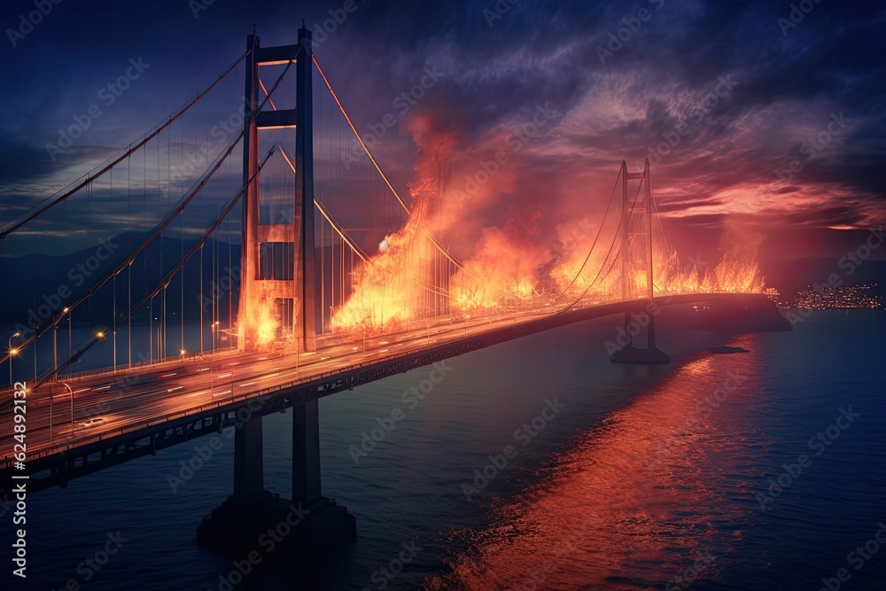 AI-generated illustration about an explosion on Kerch Strait Bridge of Crimea on fire. Concept of sabotage to logistic in an apocalyptic war. Hellish battlefield in a wasteland city of Ukraine. AI-generated illustration about an explosion on Kerch Strait Bridge of Crimea on fire. Concept of sabotage to logistic in an apocalyptic war. Hellish battlefield in a wasteland city of Ukraine.