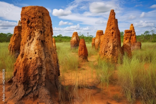 termite mounds with a variety of textures and colors, created with generative ai