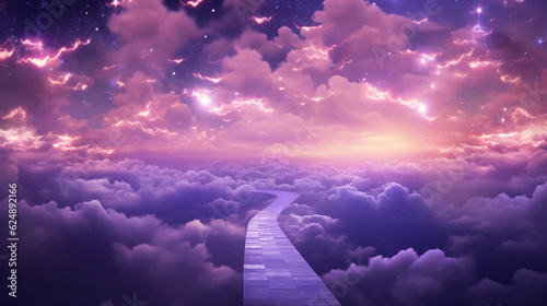 Abstract magical pathway in the clouds. Purple shimmer firefly fairy lights. Glowing walk at night, Generative Ai