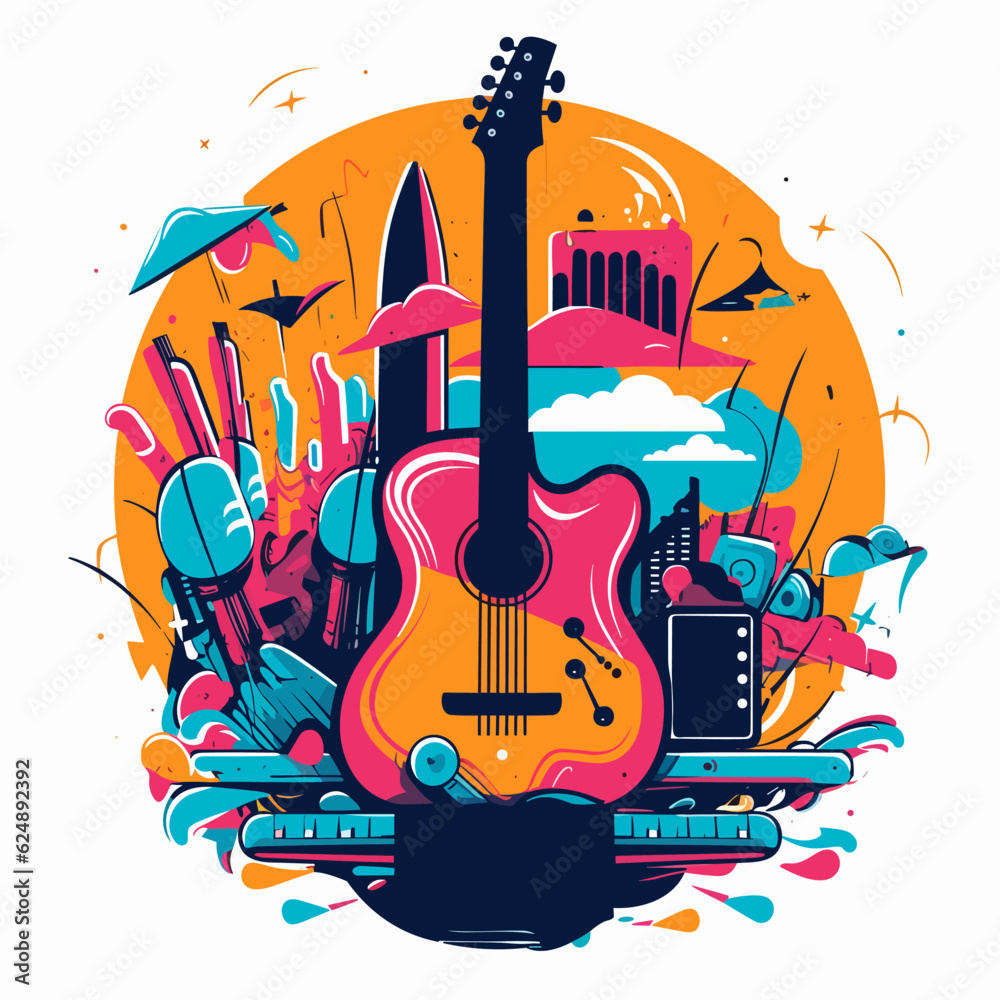 Obraz premium Invitation to the music club. DJ template. Guitar solo. Cartoon illustration.