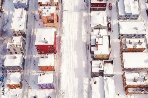 top view of unplowed street forming a snow maze, created with generative ai photo