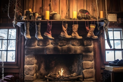 winter boots hanging above warm fireplace, created with generative ai