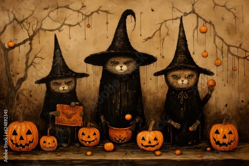 Cats in Halloween costume on a Halloween night.