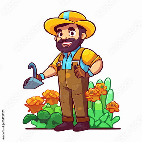 A gardener tends plants in the garden. Fertilizing and spraying plants for good growth. Maintenance of greenery in parks. Cartoon vector illustration.