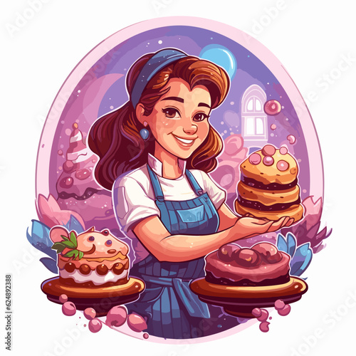 Smiling pastry chef showing desserts on plate. Cartoon vector illustration.