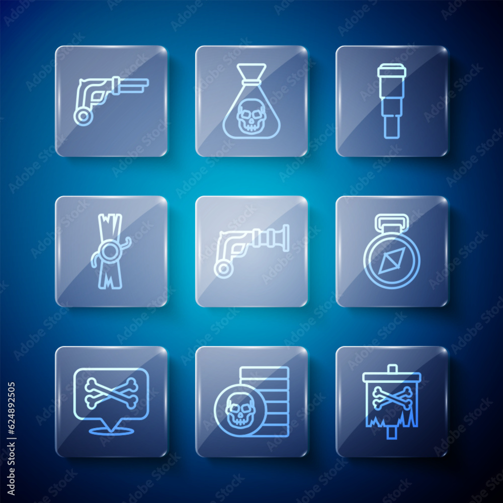 Set line Location pirate, Pirate coin, flag, Spyglass telescope lens, Vintage pistols, Decree, parchment, scroll, and Compass icon. Vector Set line Location pirate, Pirate coin, flag, Spyglass telescope lens, Vintage pistols, Decree, parchment, scroll, and Compass icon. Vector