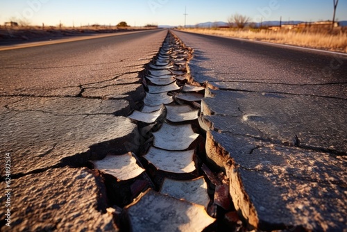 route 66 sign on a cracked, worn asphalt road, created with generative ai