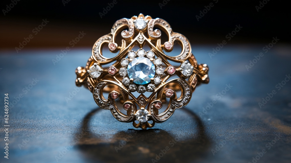 Obraz premium Closeup of decorative jewelry broach. Antique, luxury, diamond and gold ring. Jewels, gems, sparkle background. Vintage, Generative Ai
