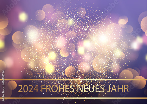 Karte oder Banner, um ein frohes neues Jahr 2024 in Gold auf einem malvenfarbenen Hintergrund mit Farbverlauf, Kreisen mit Bokeh-Effekt und goldfarbenem Glitzer zu wünschen photo