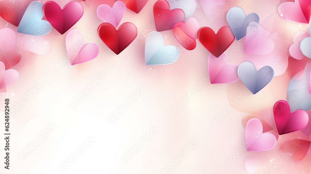 Colorful cartoon heart background. Red and pink hearts Valentine's Day. Love and romance. Signed love letter envelope, Generative Ai