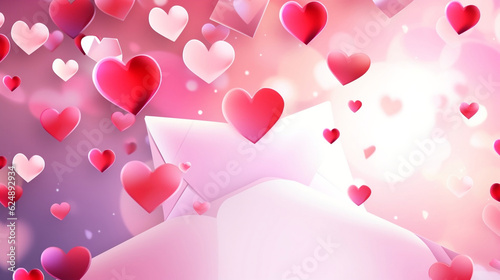 Colorful cartoon heart background. Red and pink hearts Valentine's Day. Love and romance. Signed love letter envelope, Generative Ai