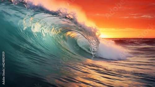 Closeup of ocean breaking waves. Sunset dawn crashing sea break wallpaper background, Generative Ai