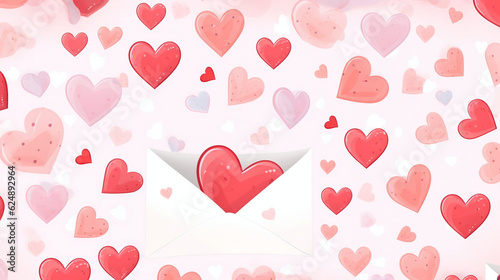 Colorful cartoon heart background. Red and pink hearts Valentine's Day. Love and romance. Signed love letter envelope, Generative Ai