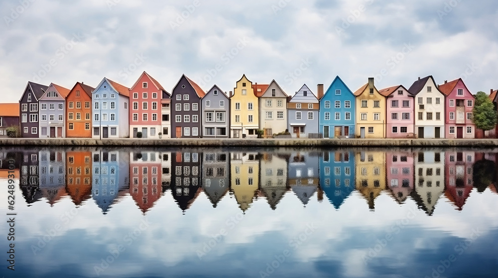 Obraz premium Colorful row of homes on a lake. Reflection of houses in the water. Old buildings in Europe. Architectural landscape, Generative Ai