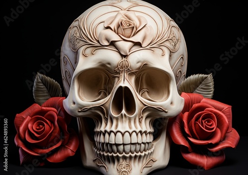 A skull wearing red roses on a black background.