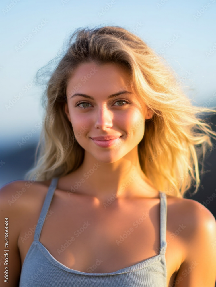 Gut aussehende Frau mit sommerlicher Bekleidung am Strand. Modisches skandinavisches Mädchen. Generative AI Gut aussehende Frau mit sommerlicher Bekleidung am Strand. Modisches skandinavisches Mädchen. Generative AI