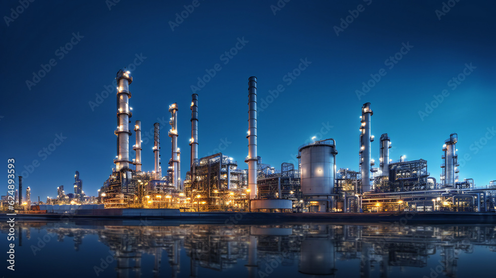 Oil refinery at twilight, chimneys, lights, complex