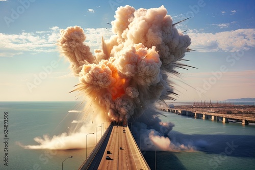 war blast at Kerch Strait bridge: an AI-generated depiction of attempted sabotage in the Ukraine-Russia conflict. amidst a war-ravaged wasteland city, logistics face havoc. photo