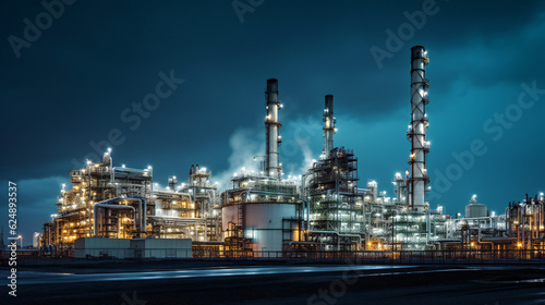 Refinery at night with chimneys, smoke, lights, in production