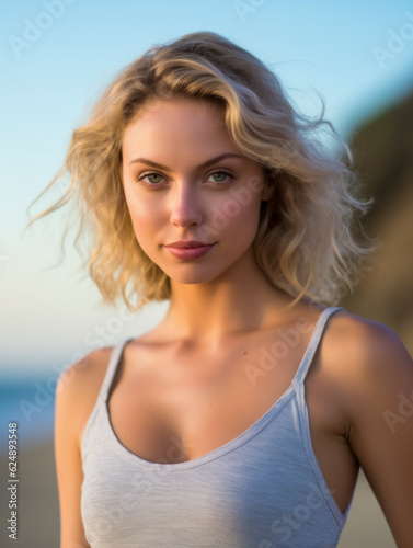 Gut aussehende Frau mit sommerlicher Bekleidung am Strand. Modisches skandinavisches M  dchen. Generative AI